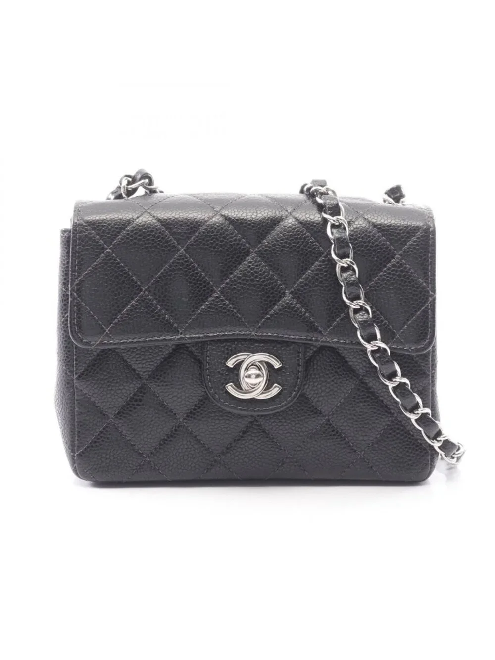 Chanel Shoulder Bag Mini Quilted Black Caviar Leather Chain